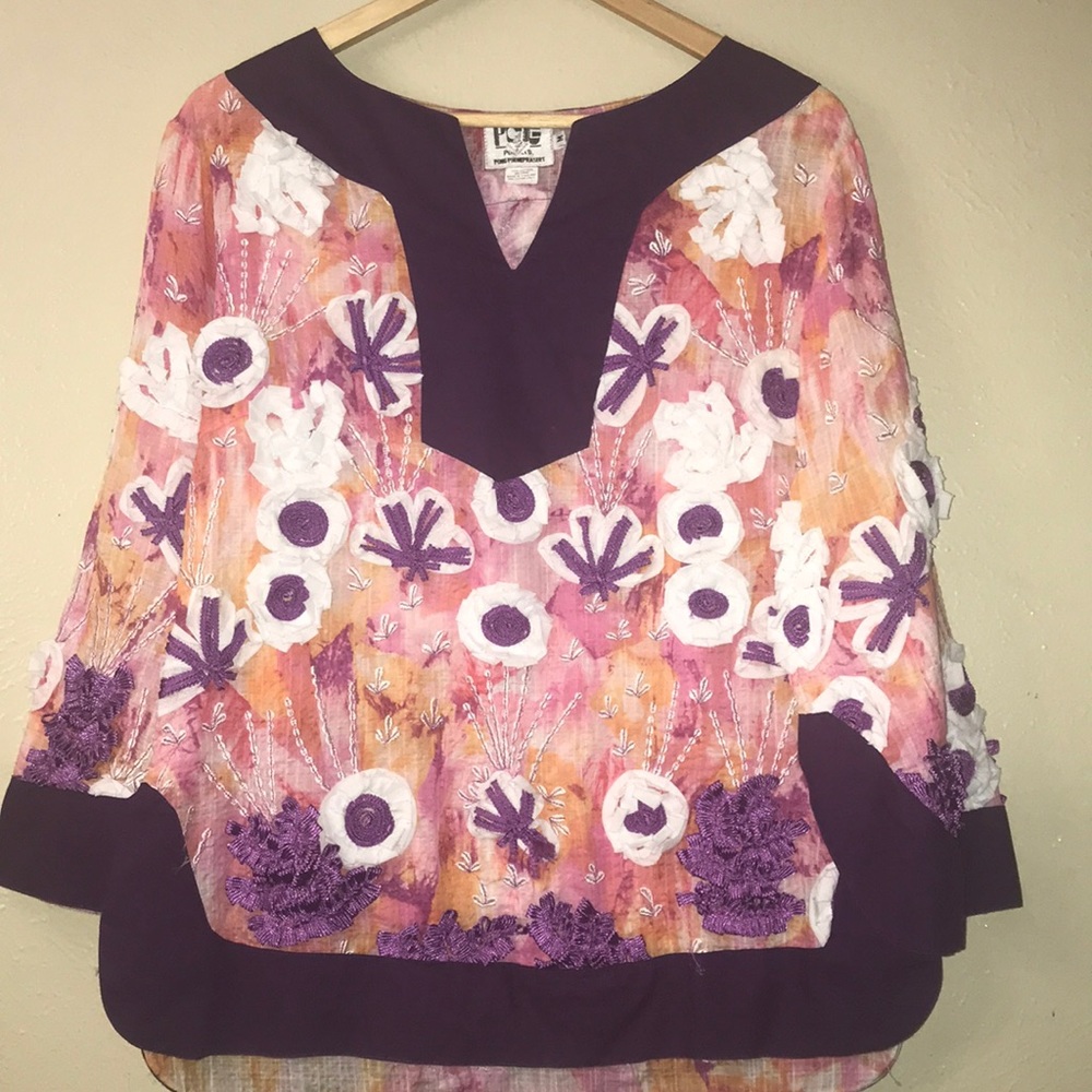 Pong,colorful embroidered tunic blouse. Size M.